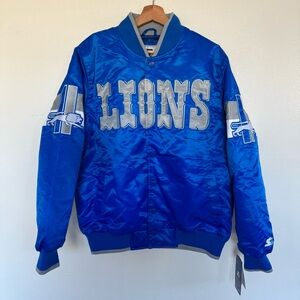 NEW Detroit Lions Jacket Mens Small Starter NFL Football Satin Bomber Coat Blue